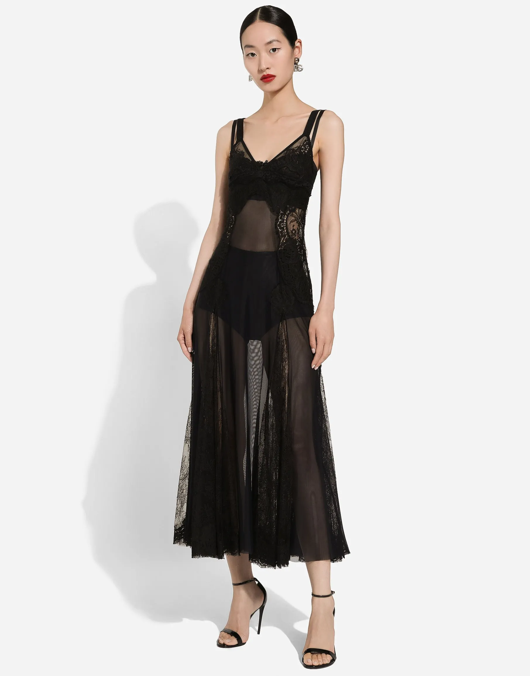 Tulle midi slip dress with lace inserts