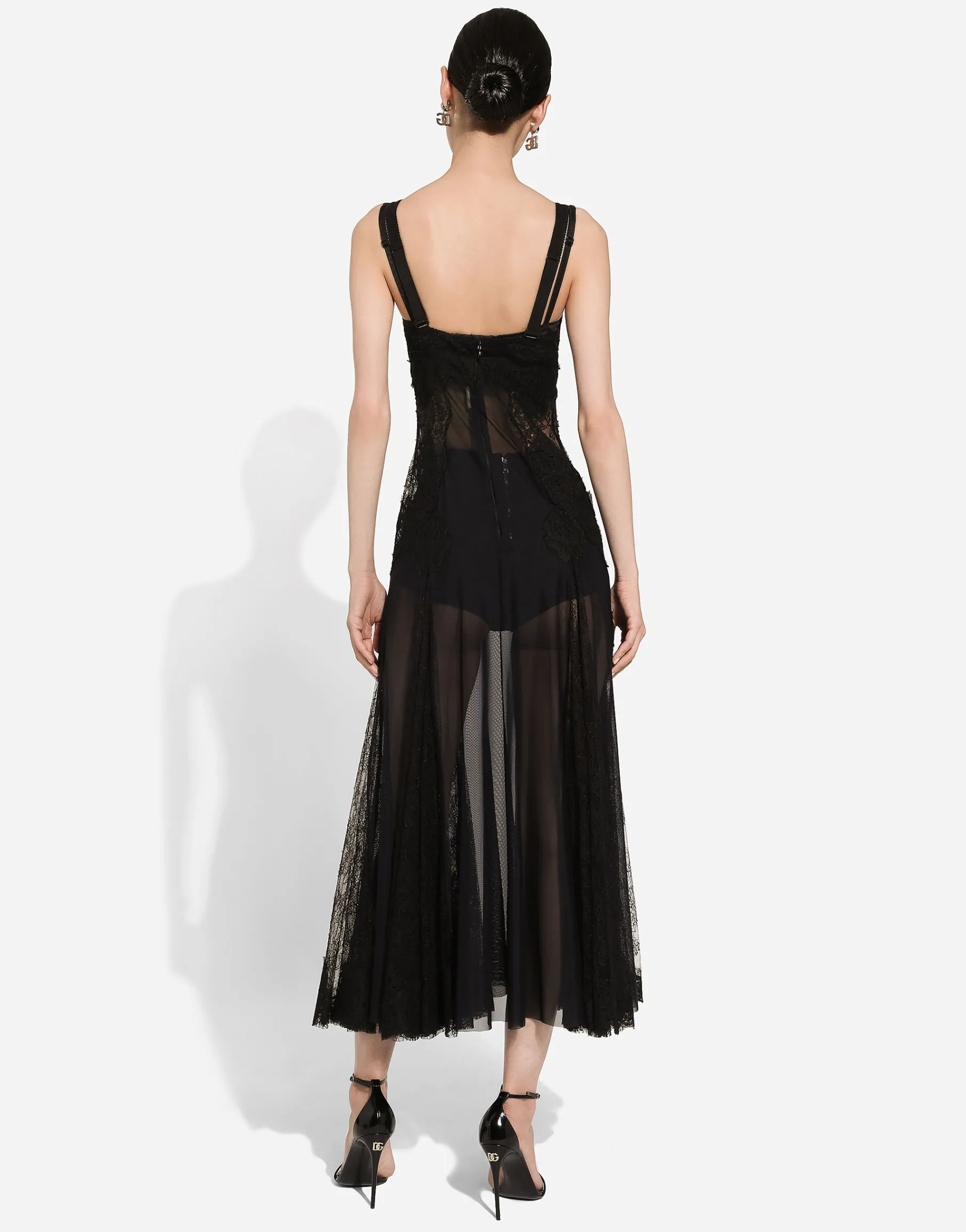 Tulle midi slip dress with lace inserts
