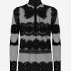 Tulle turtle-neck top with lace inserts