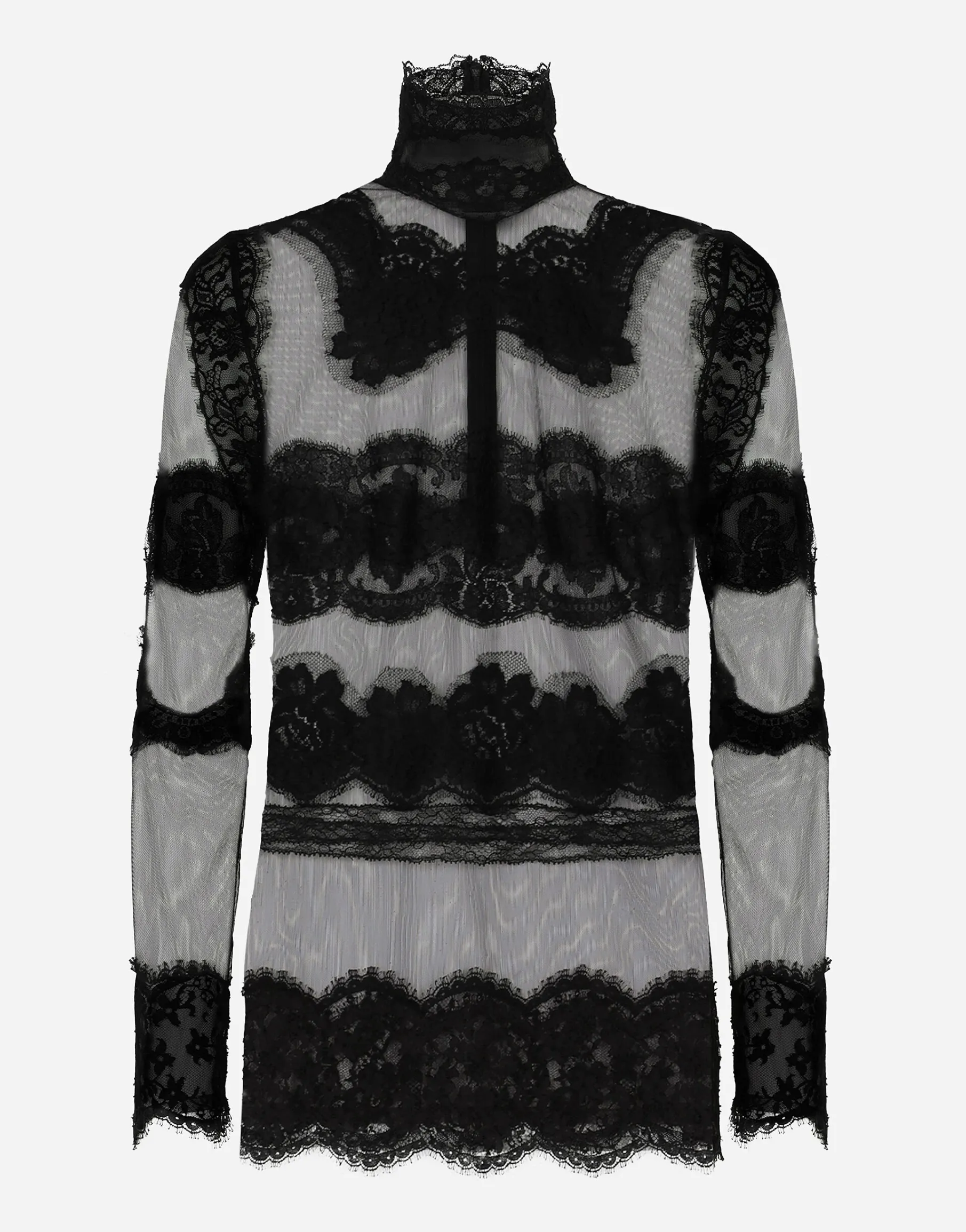 Tulle turtle-neck top with lace inserts