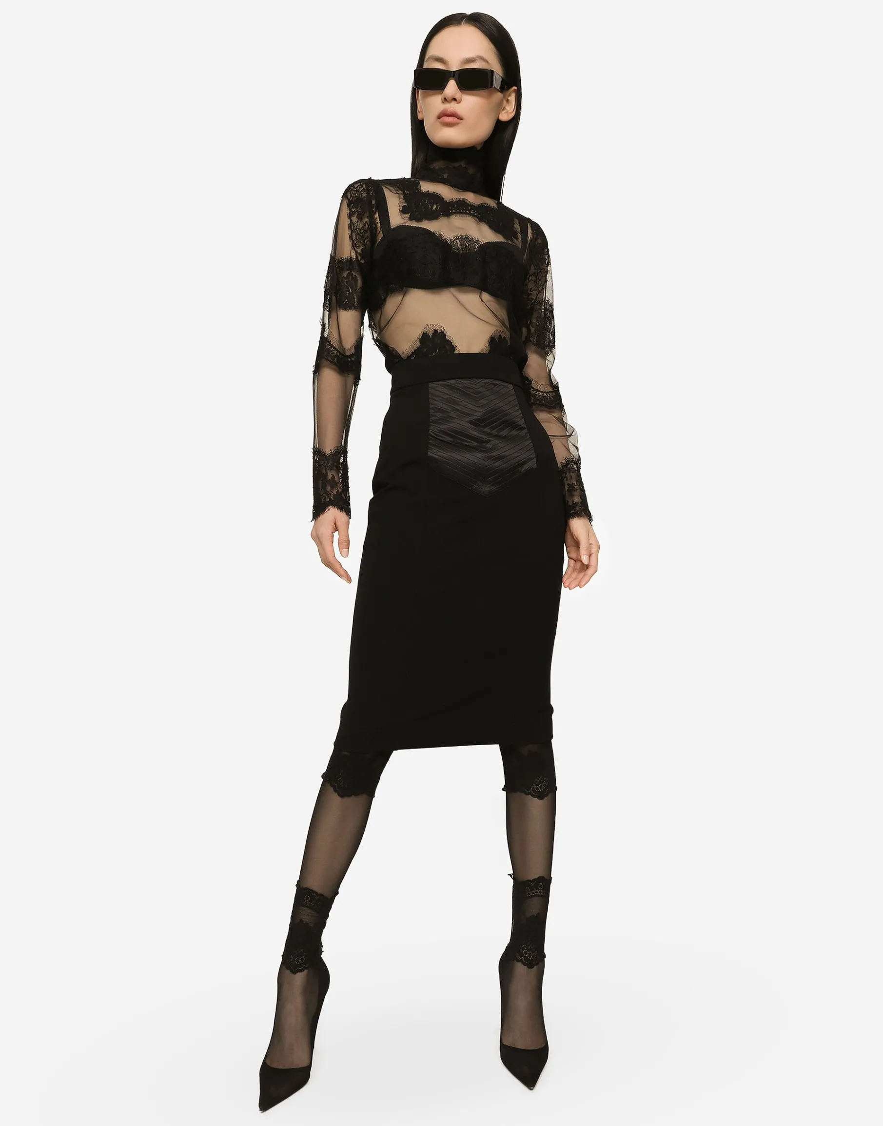 Tulle turtle-neck top with lace inserts