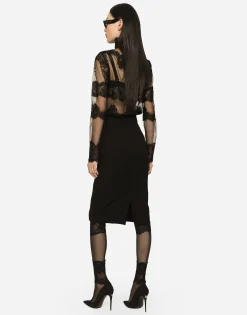Tulle turtle-neck top with lace inserts