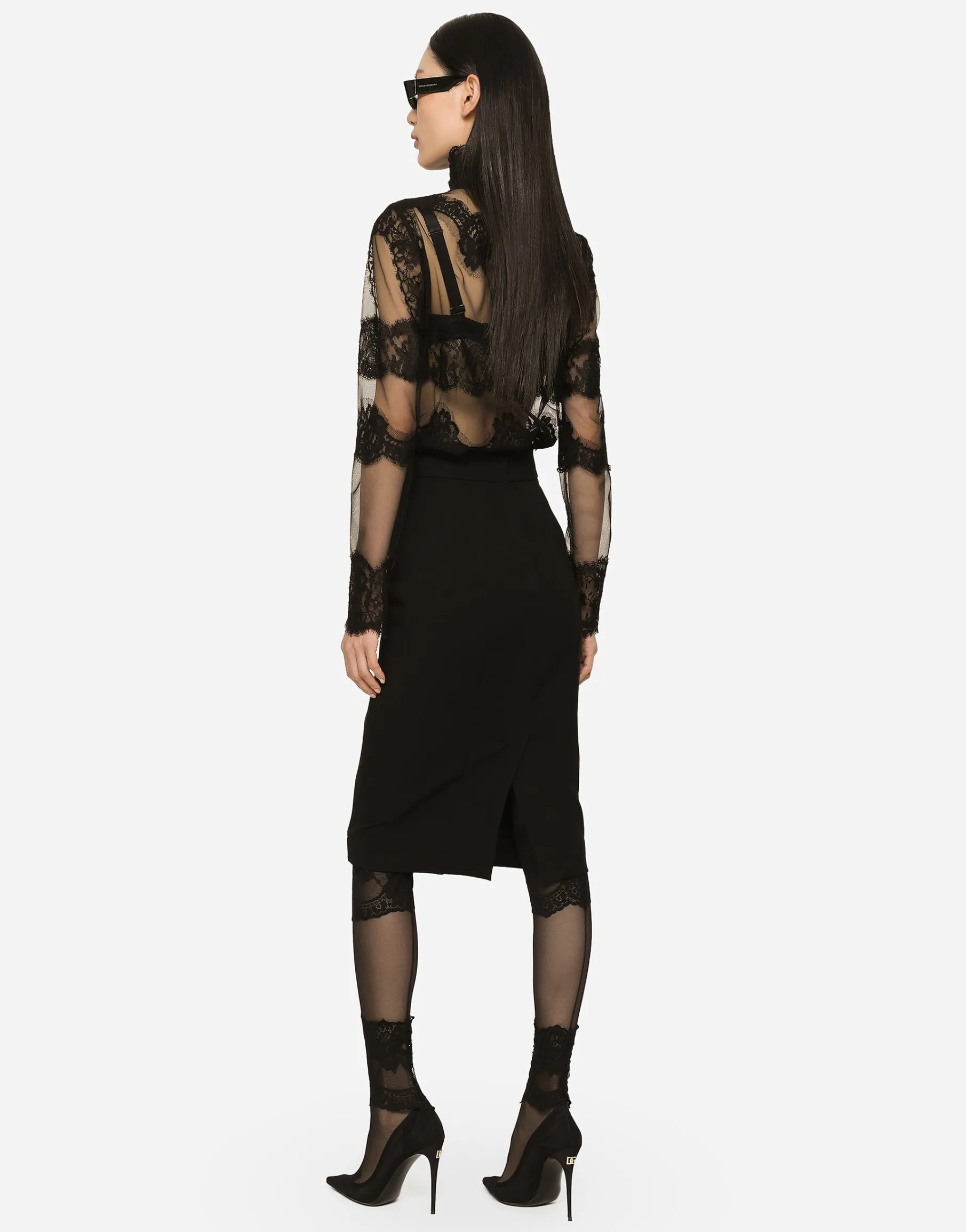 Tulle turtle-neck top with lace inserts