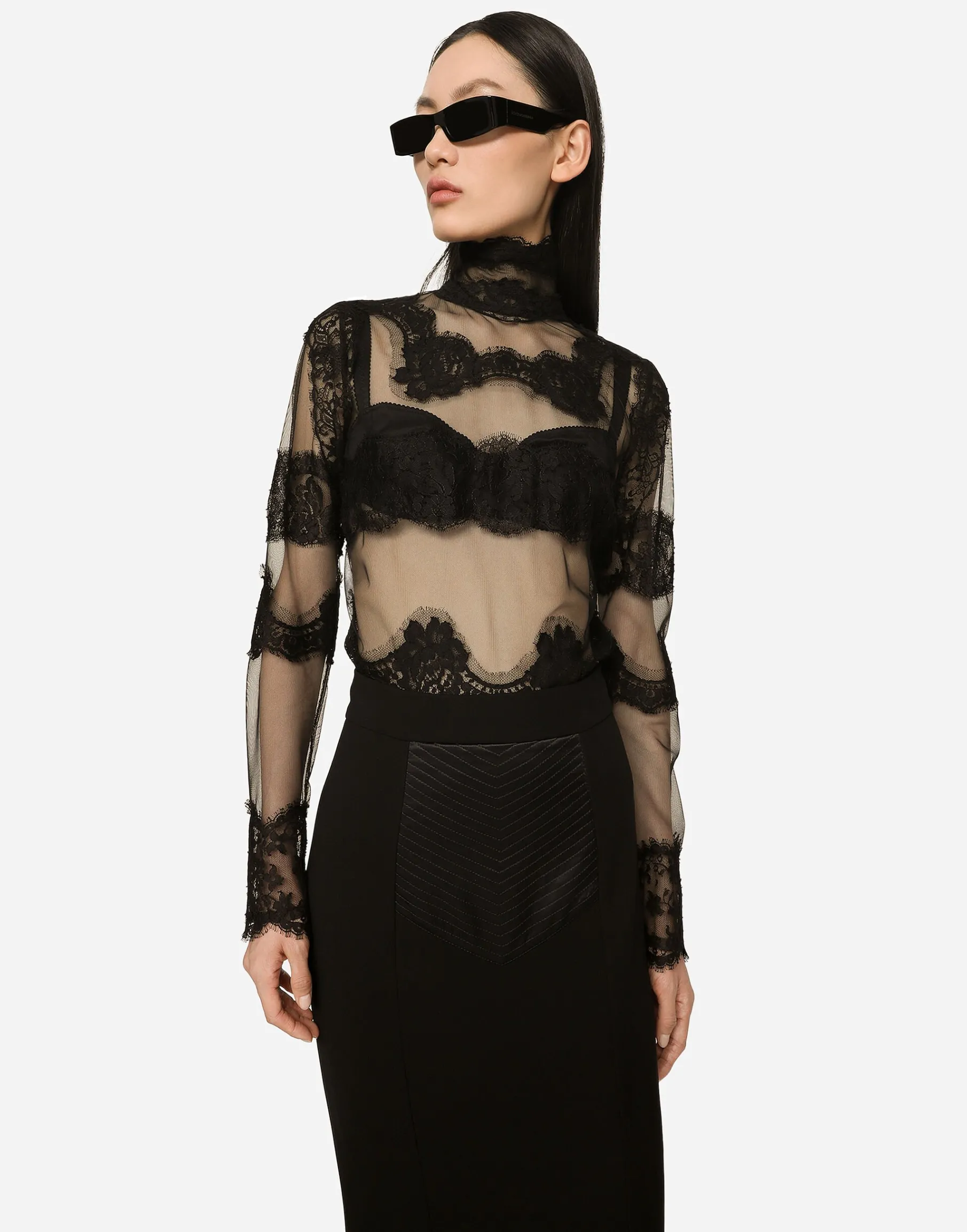 Tulle turtle-neck top with lace inserts