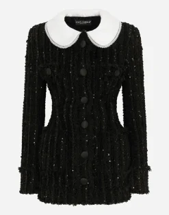 Tweed jacket with micro-sequin embellishment and satin collar