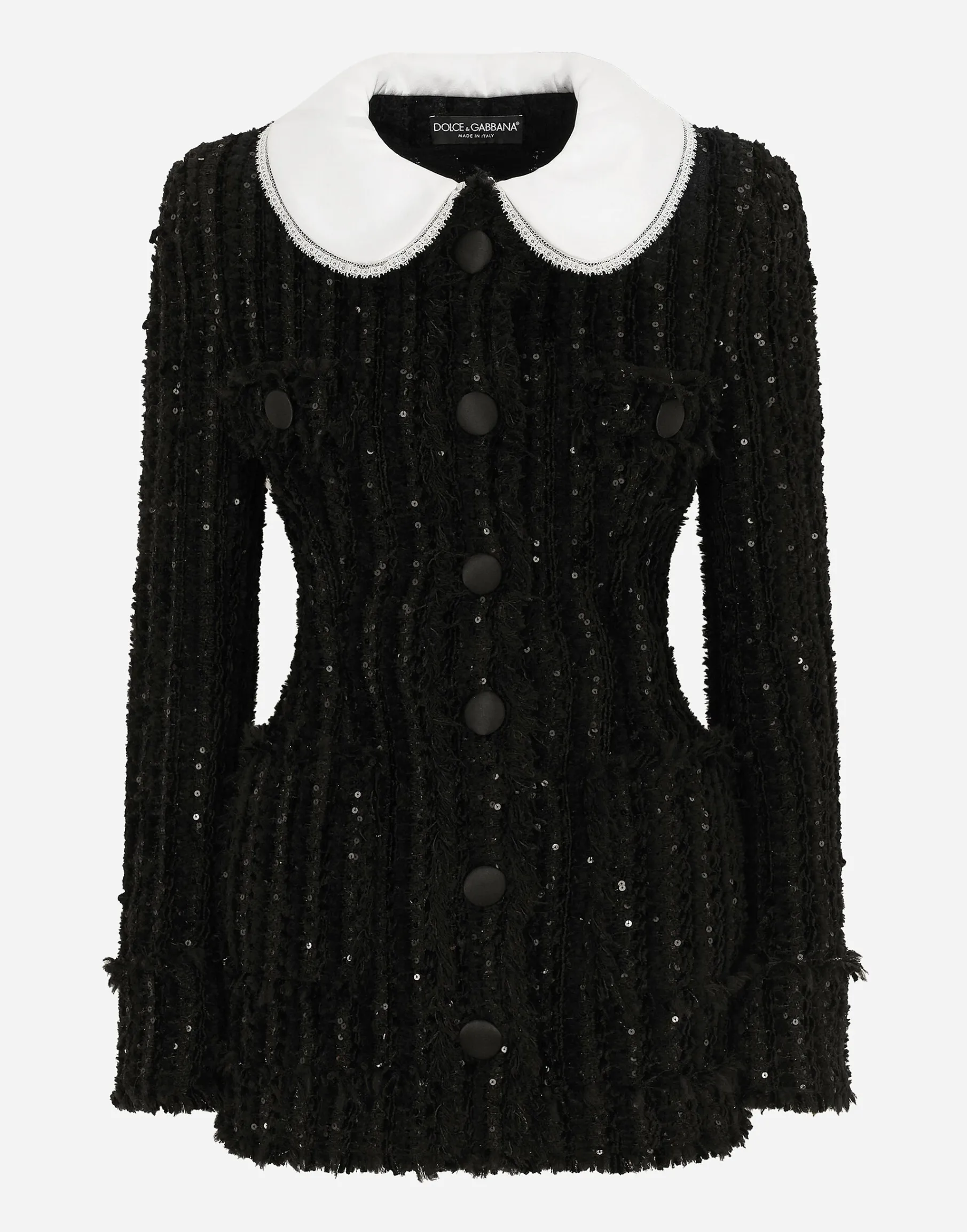 Tweed jacket with micro-sequin embellishment and satin collar