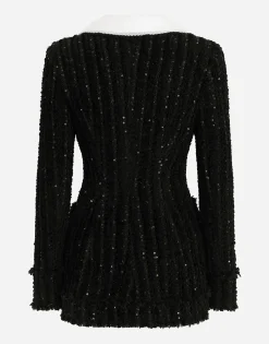 Tweed jacket with micro-sequin embellishment and satin collar