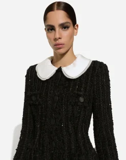Tweed jacket with micro-sequin embellishment and satin collar