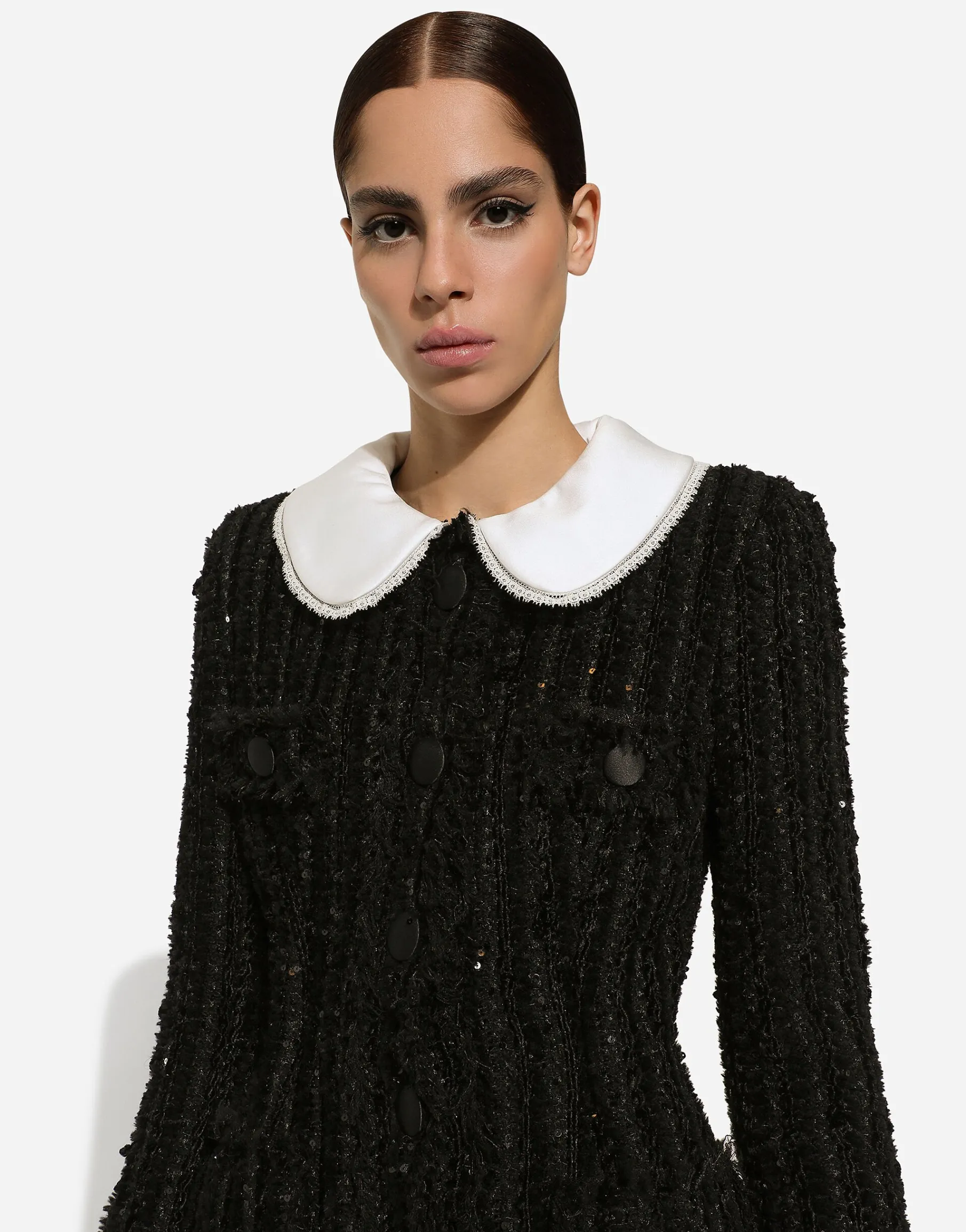 Tweed jacket with micro-sequin embellishment and satin collar