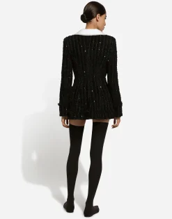 Tweed jacket with micro-sequin embellishment and satin collar