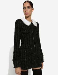 Tweed jacket with micro-sequin embellishment and satin collar