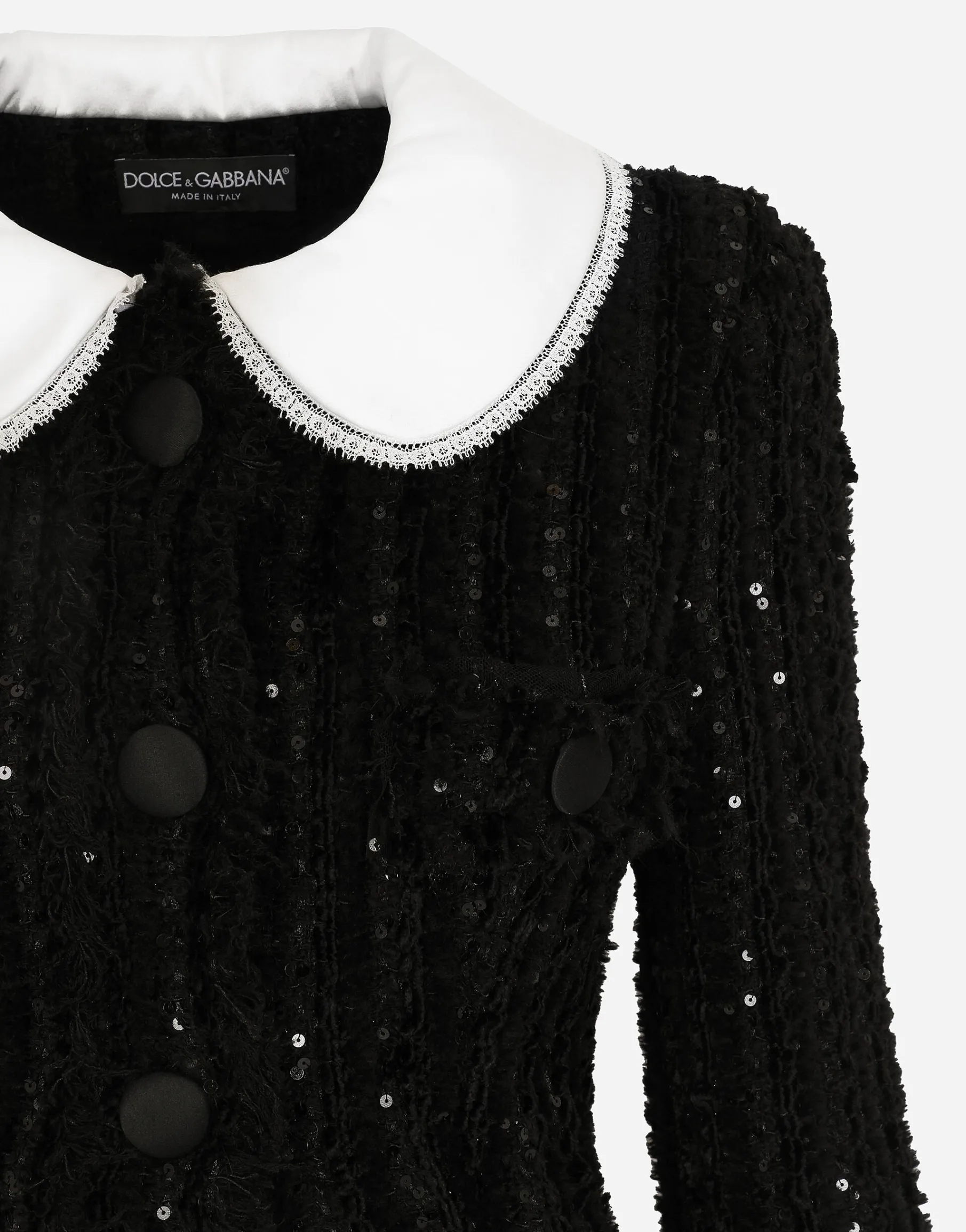 Tweed jacket with micro-sequin embellishment and satin collar