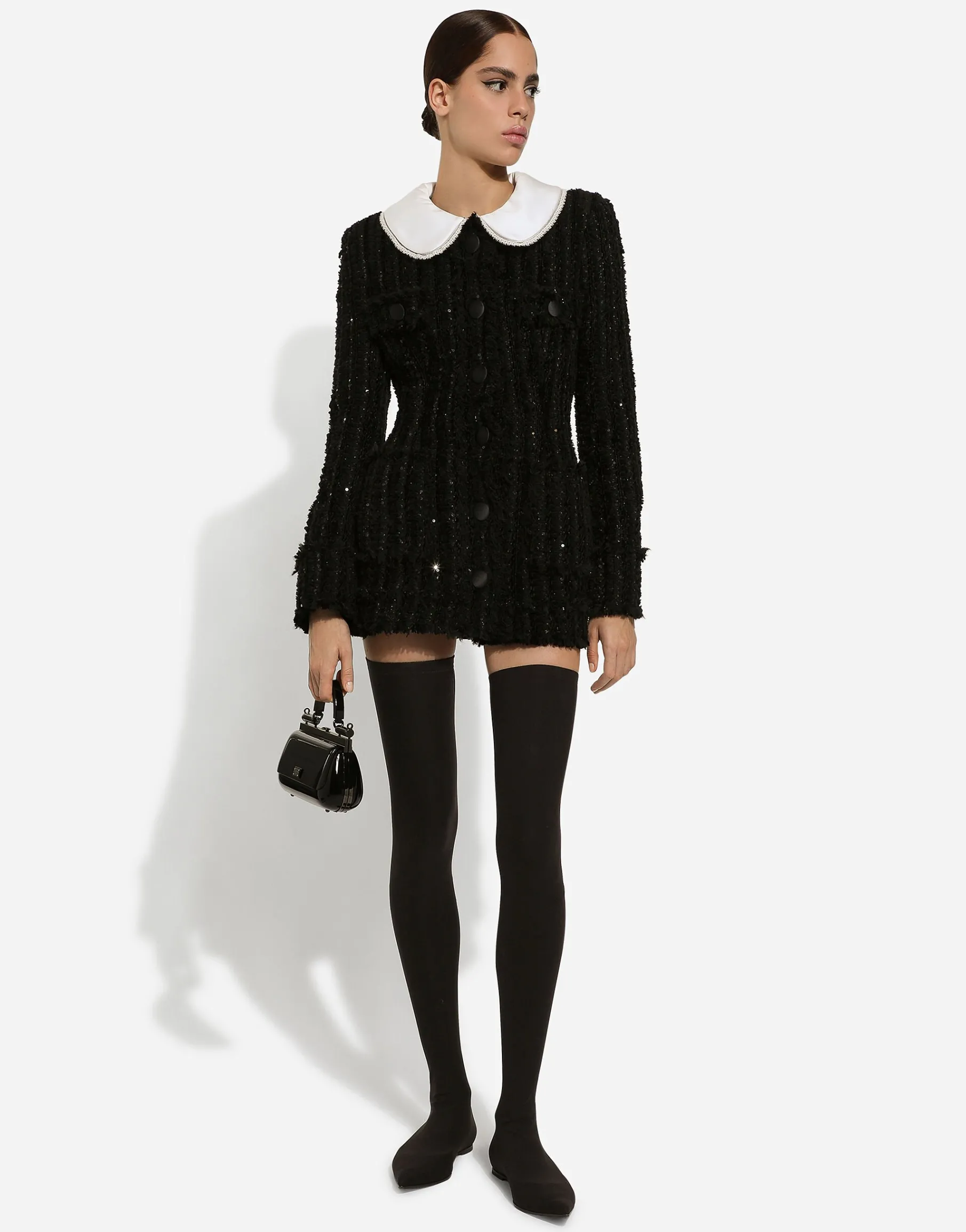 Tweed jacket with micro-sequin embellishment and satin collar