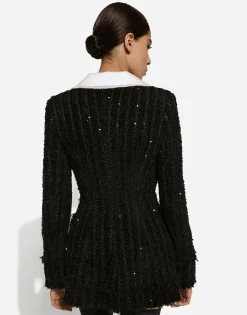 Tweed jacket with micro-sequin embellishment and satin collar