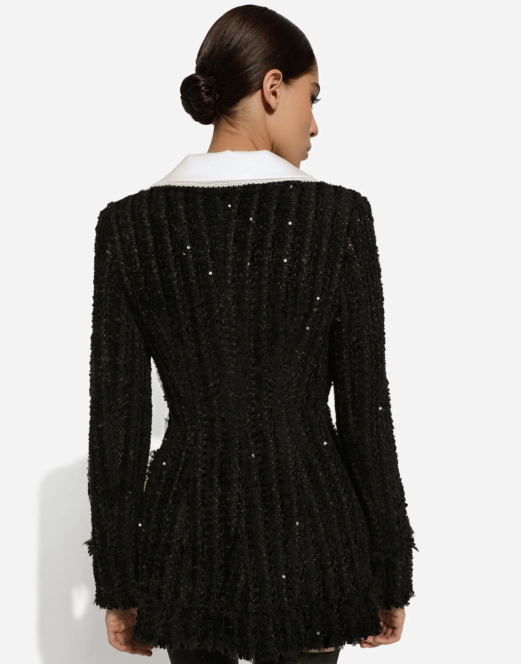 Tweed jacket with micro-sequin embellishment and satin collar
