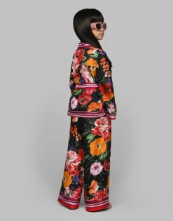 Twill shirt with floral print over a black background