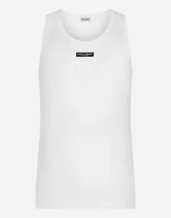 Two-way stretch cotton tank top with logo label