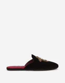 Velvet slippers with cross embroidery