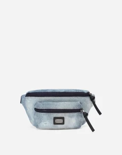 Washed denim belt bag with logo tag