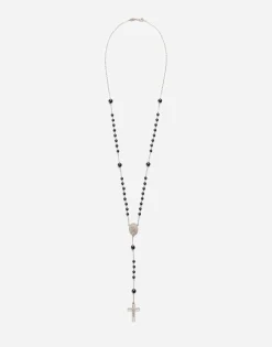 White gold Devotion rosary necklace with black jade spheres