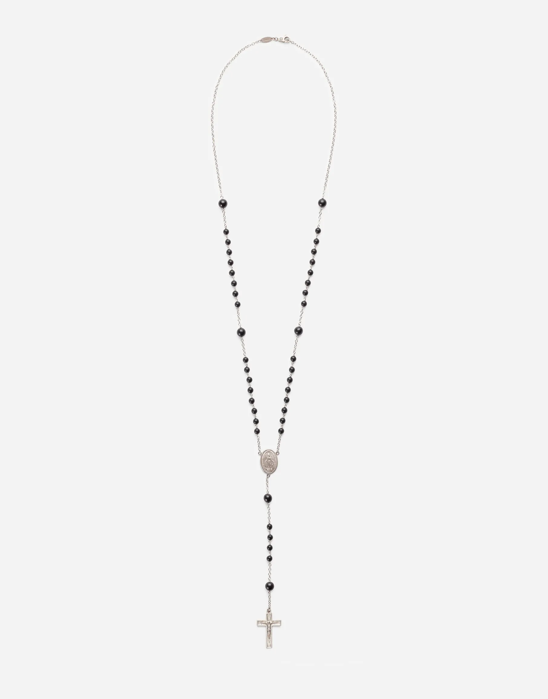 White gold Devotion rosary necklace with black jade spheres