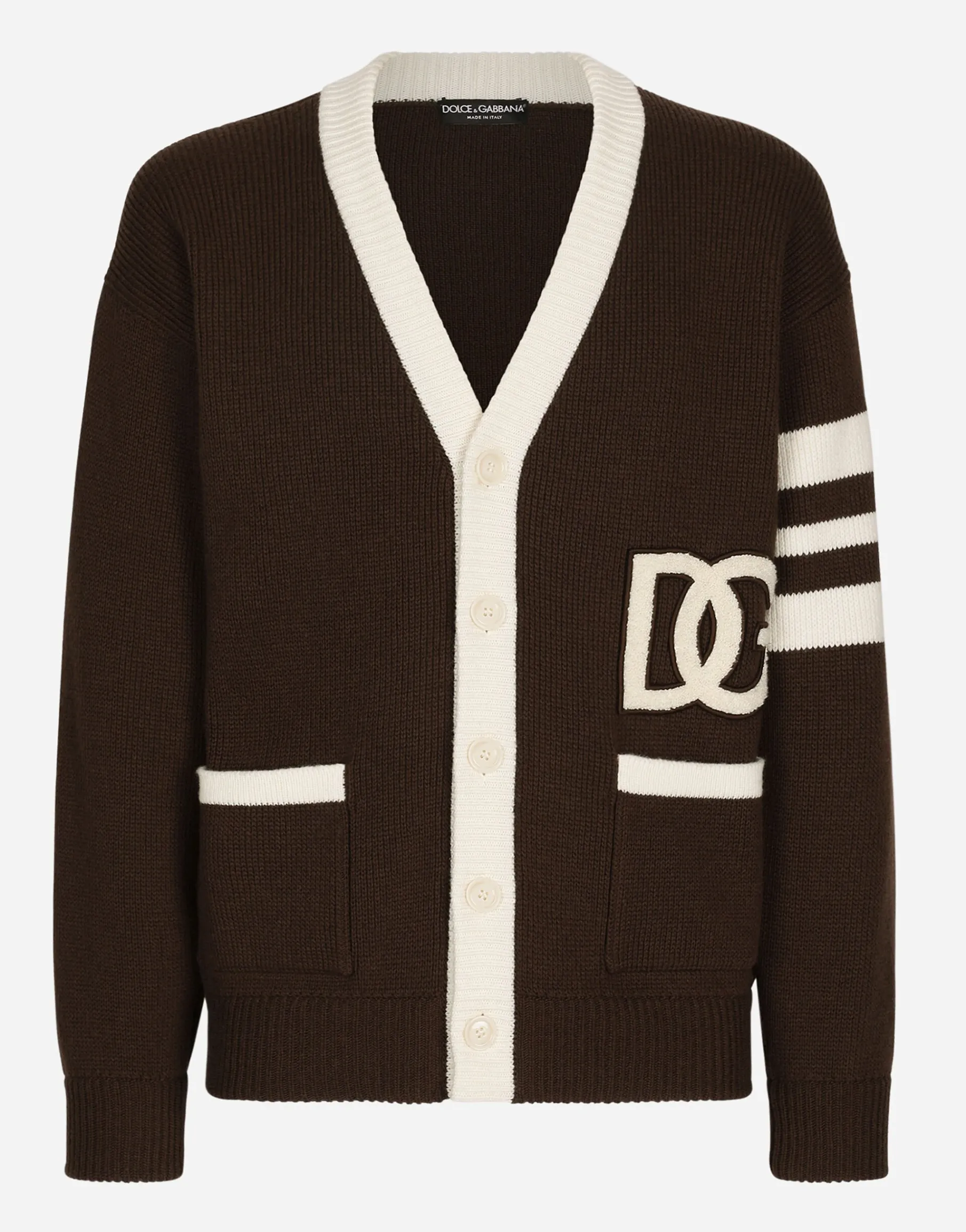 Wool fisherman’s rib cardigan with DG logo patch
