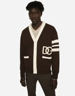 Wool fisherman’s rib cardigan with DG logo patch