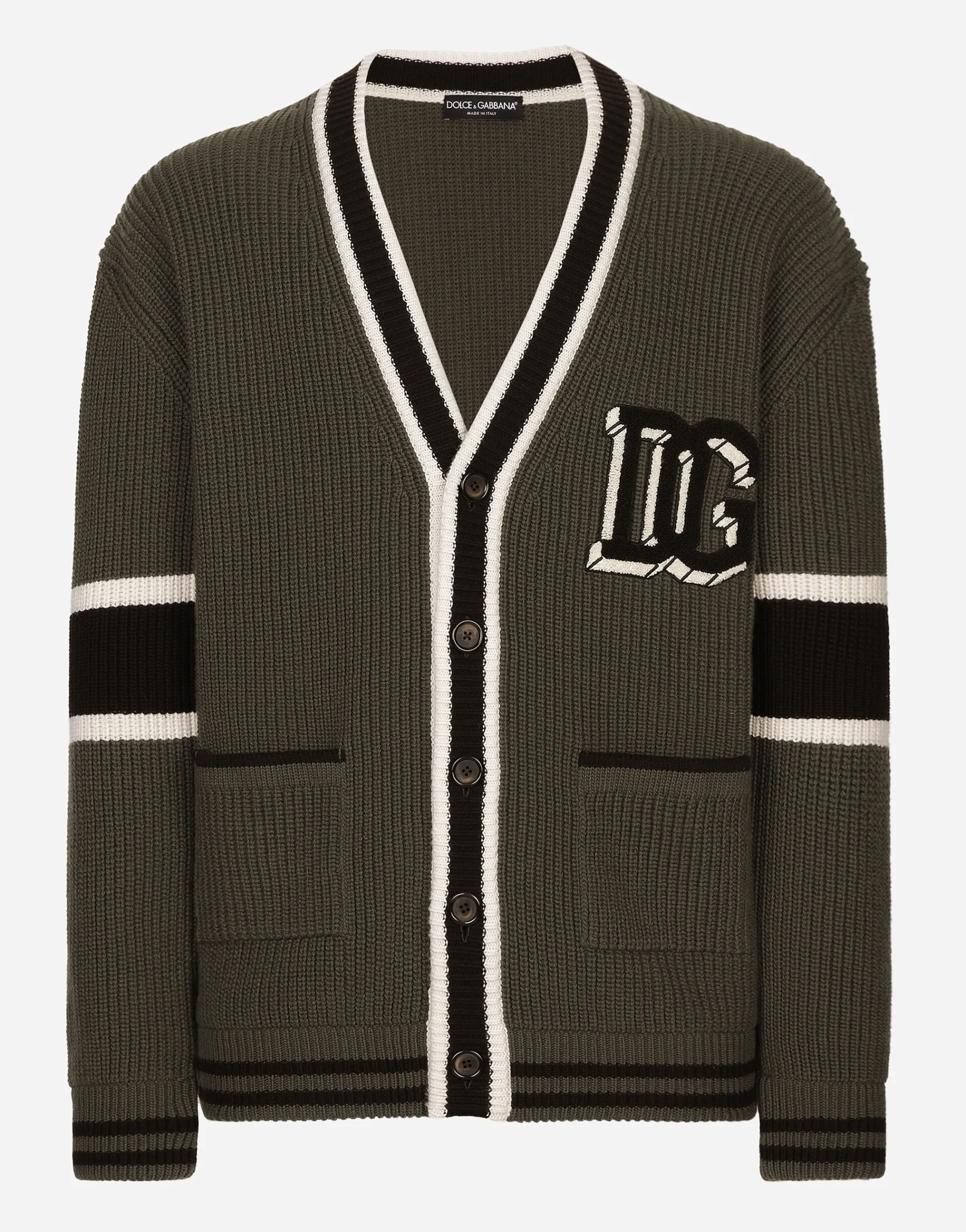 Wool fisherman’s rib-knit cardigan with DG logo patch