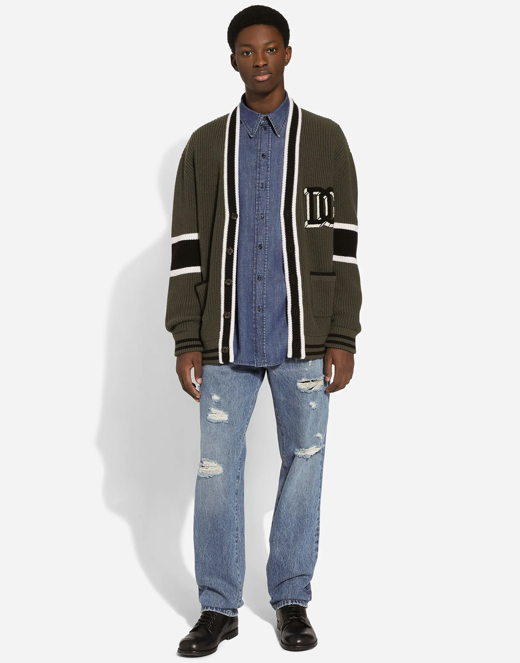 Wool fisherman’s rib-knit cardigan with DG logo patch