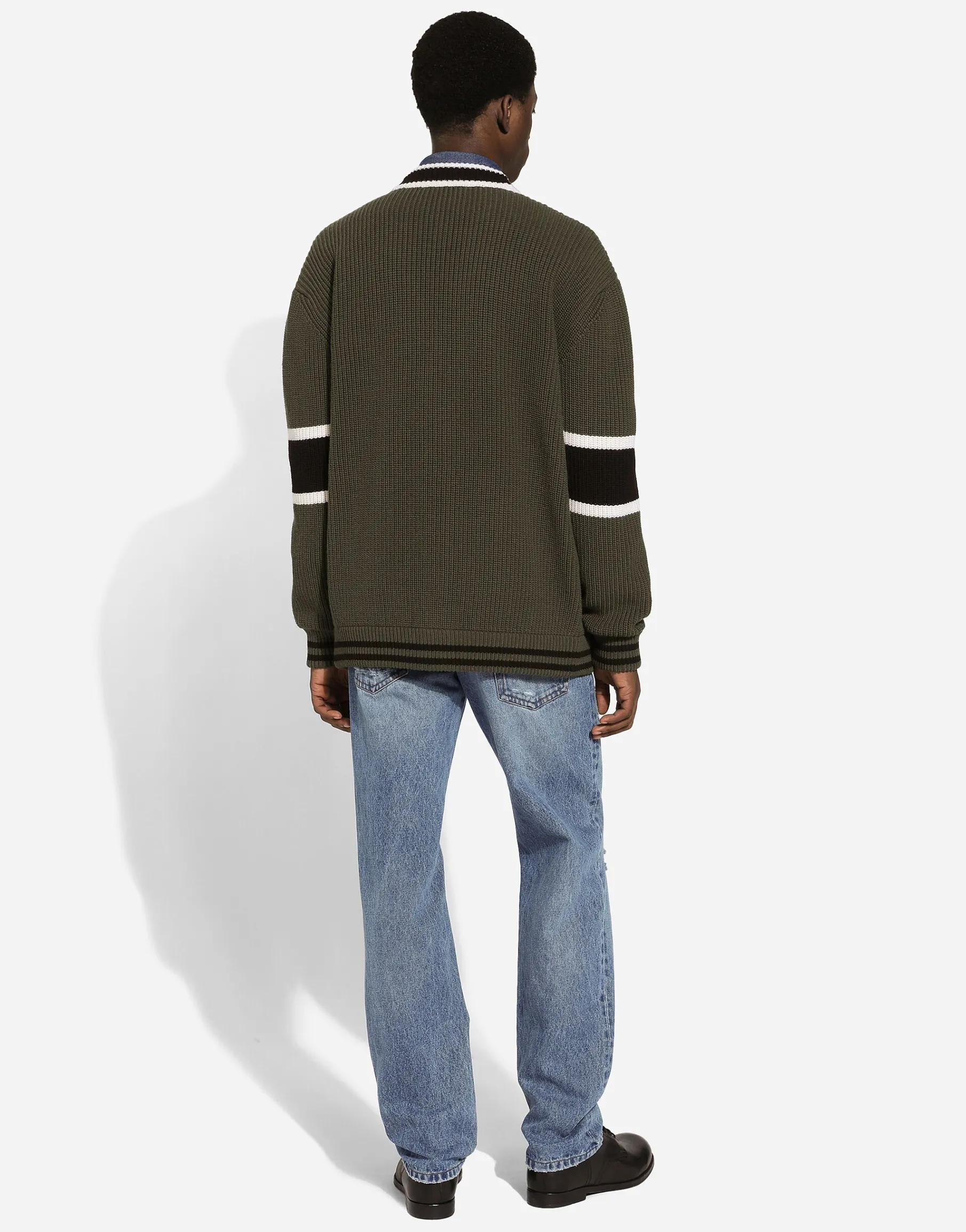 Wool fisherman’s rib-knit cardigan with DG logo patch