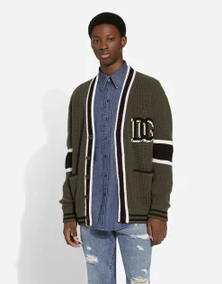 Wool fisherman’s rib-knit cardigan with DG logo patch