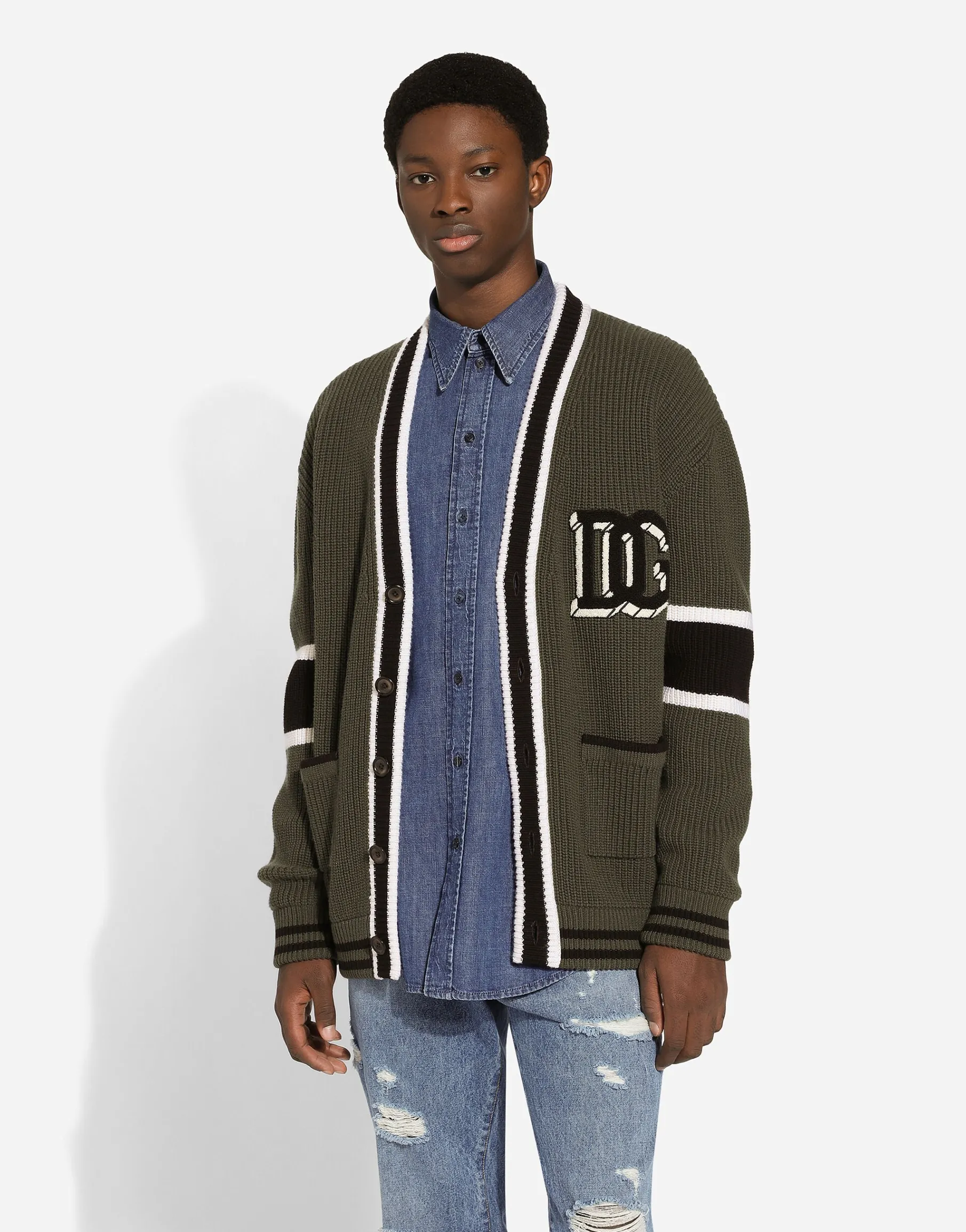 Wool fisherman’s rib-knit cardigan with DG logo patch