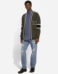 Wool fisherman’s rib-knit cardigan with DG logo patch