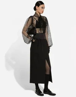 Wool gabardine calf-length tuxedo pencil skirt