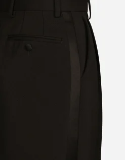 Wool gabardine calf-length tuxedo pencil skirt