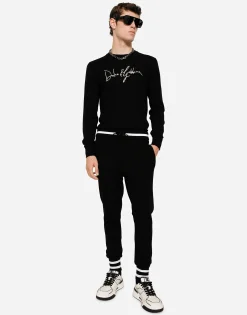 Wool jogging pants with embroidery