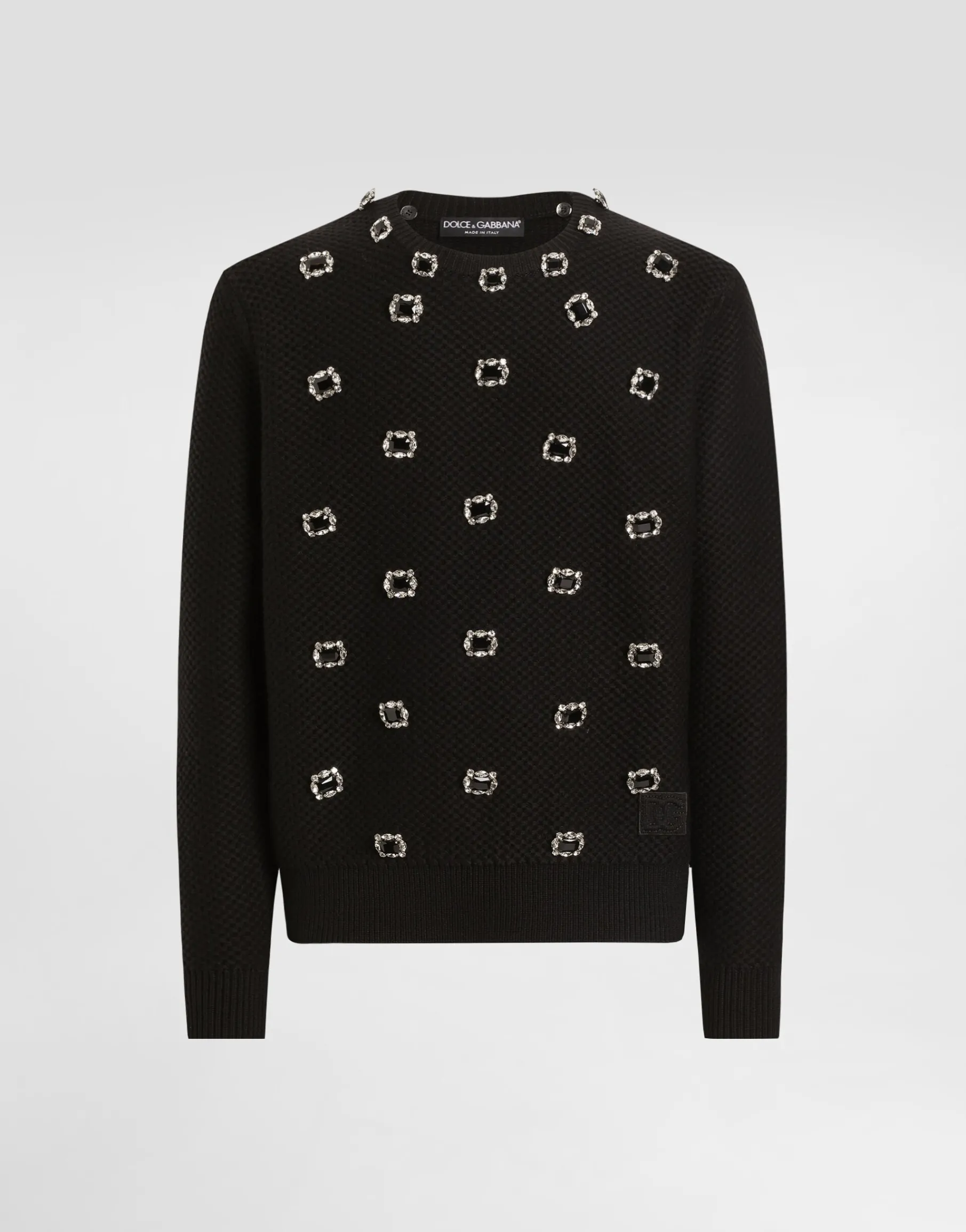 Wool round-neck sweater with embroidery and bejeweled buttons
