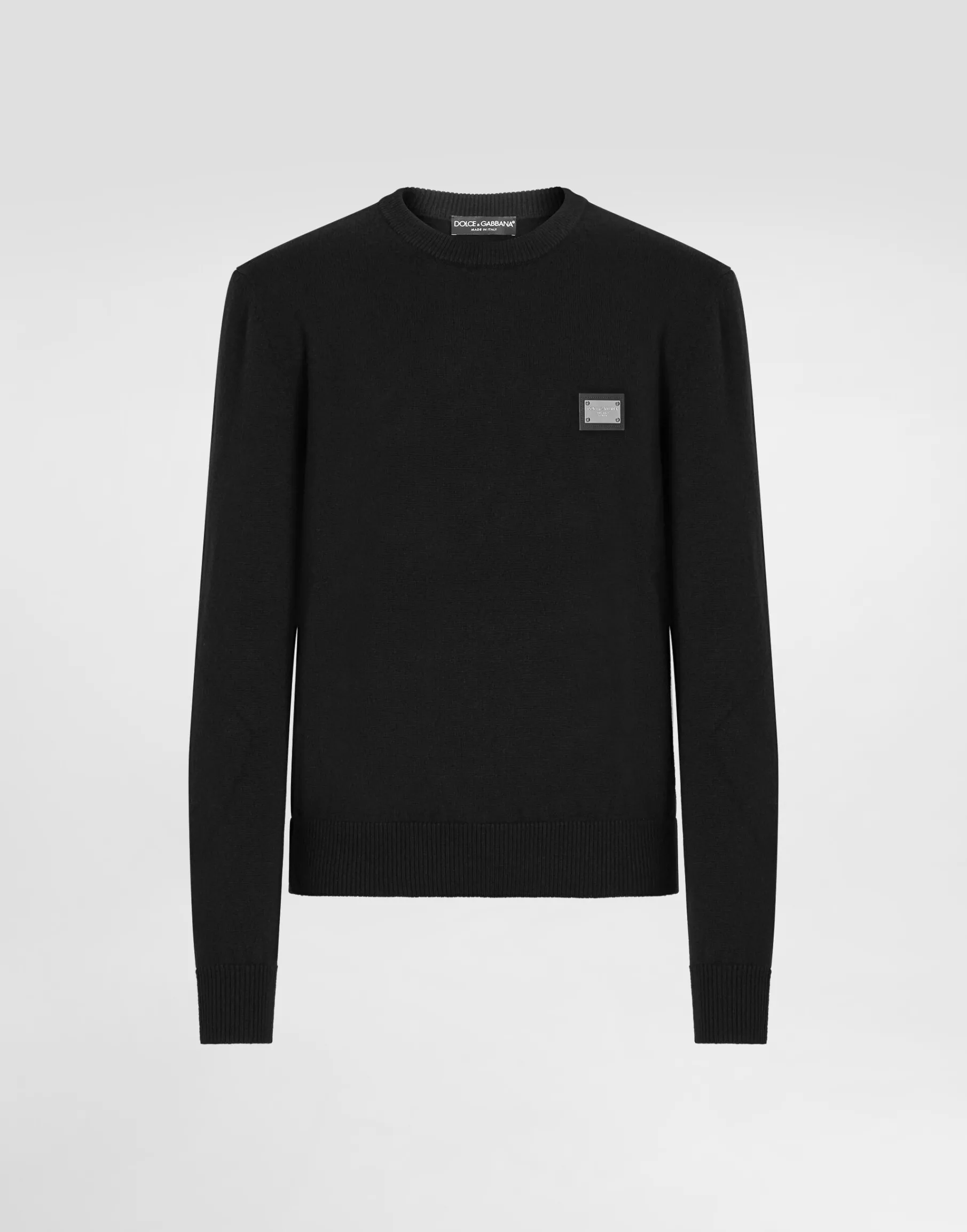 Wool round-neck sweater with branded tag