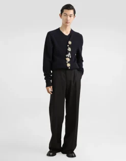 Wool round-neck sweater with bejeweled buttons