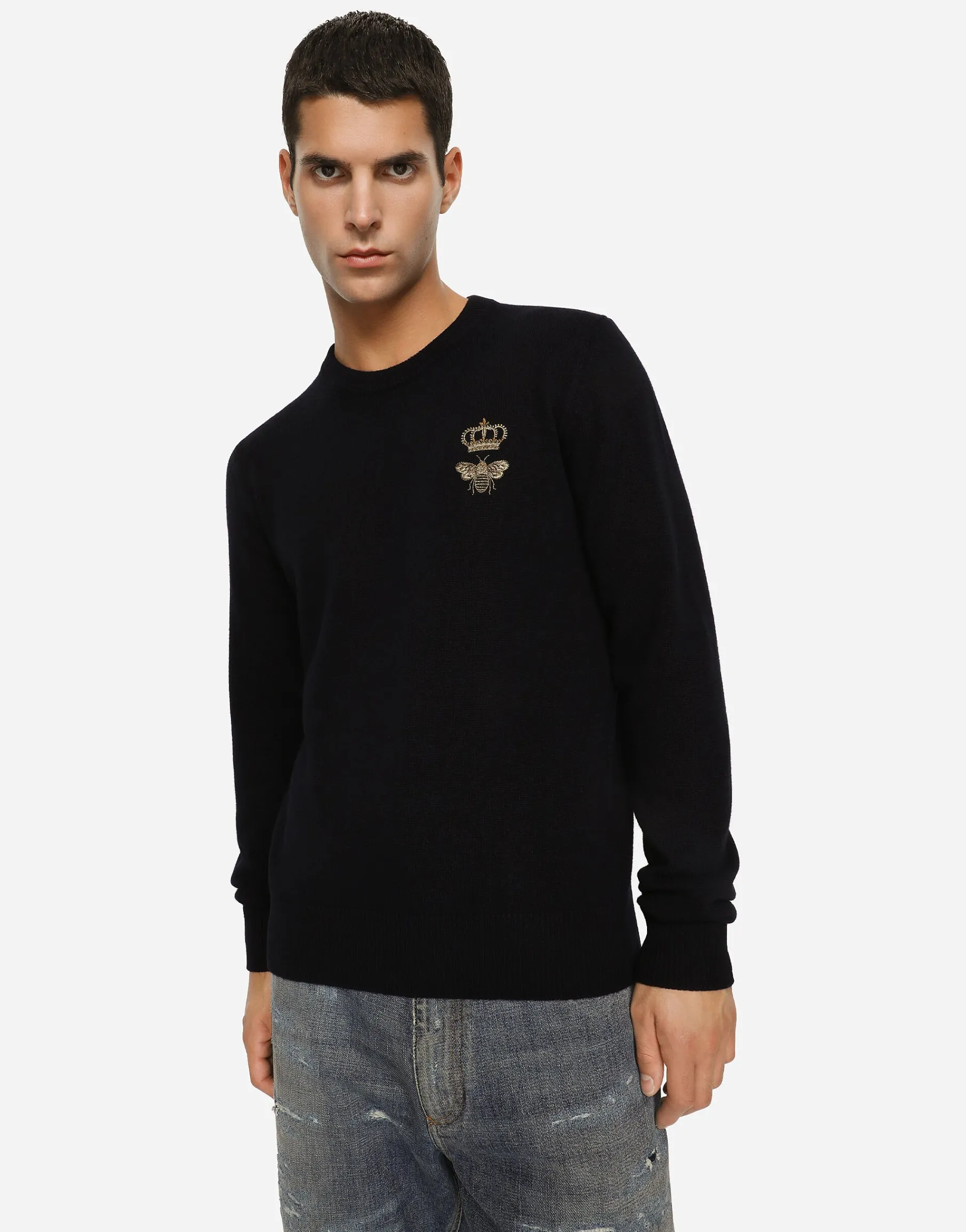 Wool round-neck sweater with embroidery