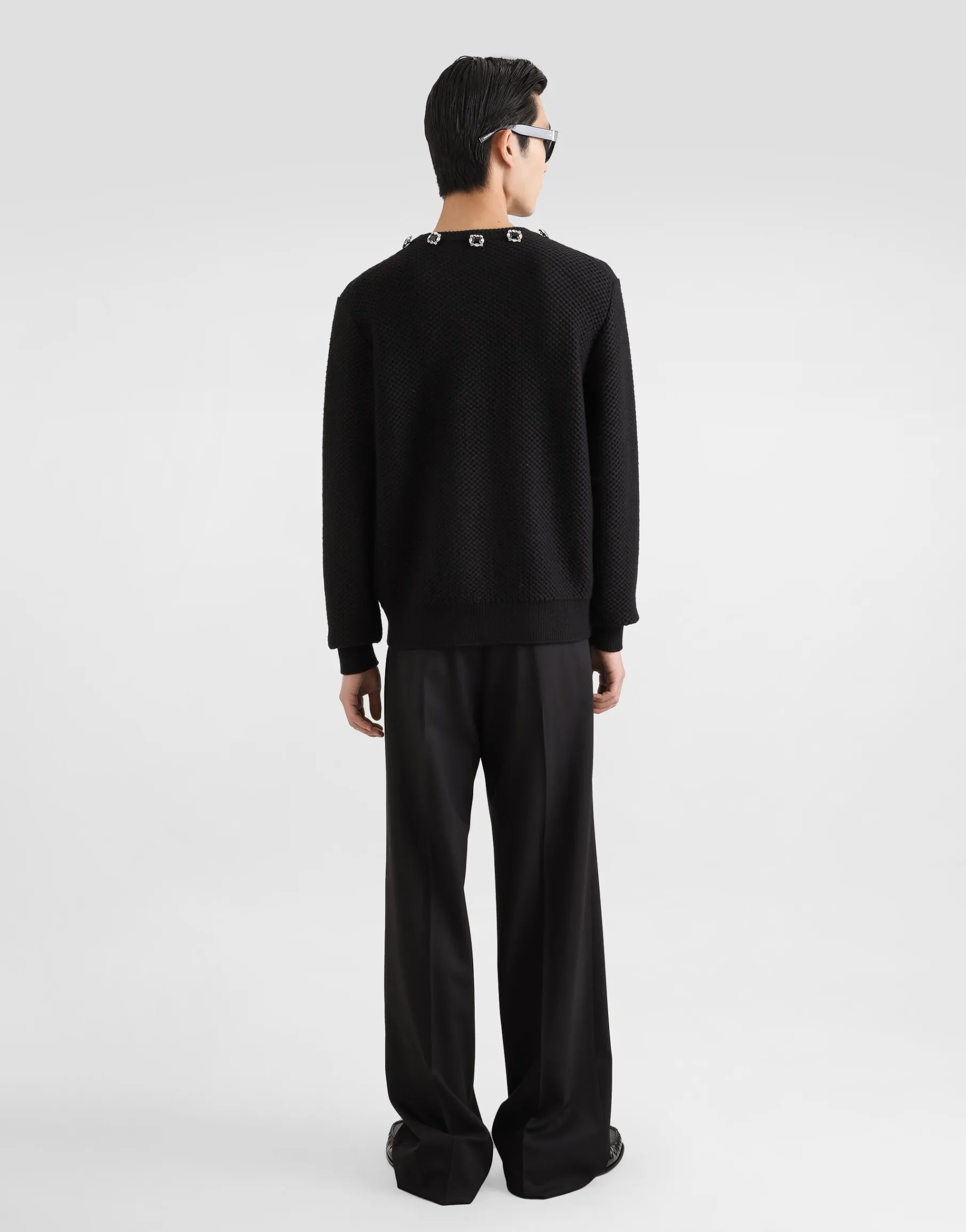 Wool round-neck sweater with embroidery and bejeweled buttons