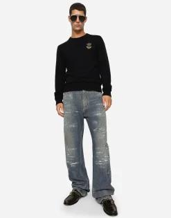 Wool round-neck sweater with embroidery