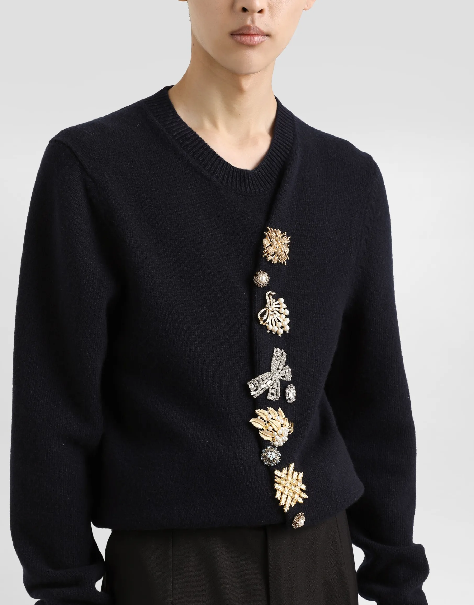 Wool round-neck sweater with bejeweled buttons