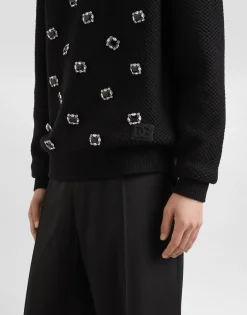 Wool round-neck sweater with embroidery and bejeweled buttons