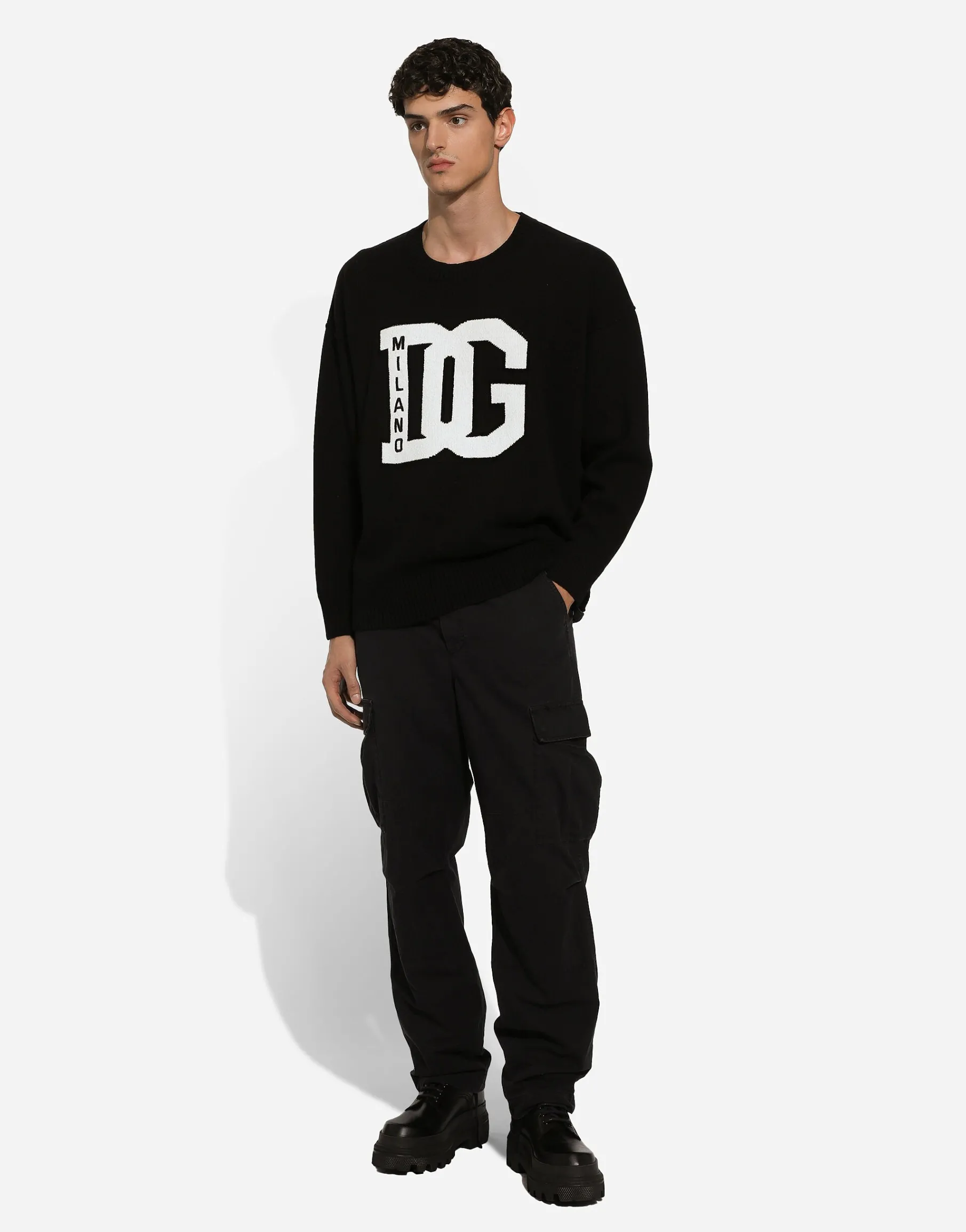 Wool round-neck sweater with DG inlay