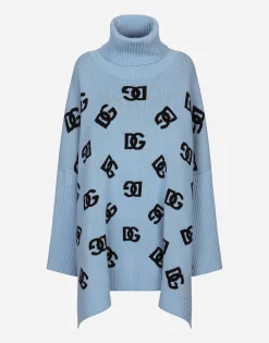 Wool turtle-neck poncho with DG logo inlay