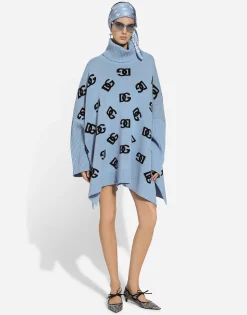 Wool turtle-neck poncho with DG logo inlay