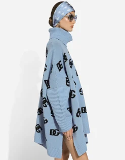 Wool turtle-neck poncho with DG logo inlay