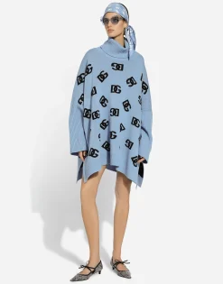 Wool turtle-neck poncho with DG logo inlay