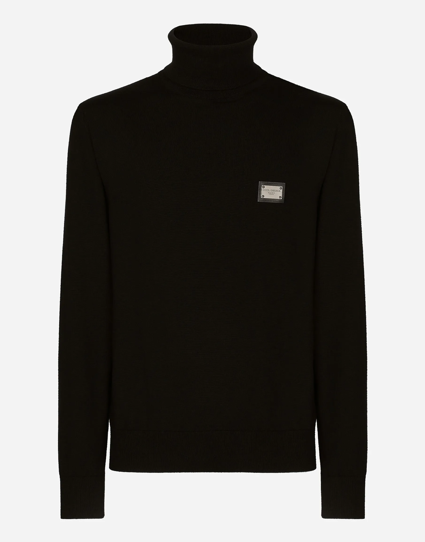 Wool turtle-neck sweater with branded tag